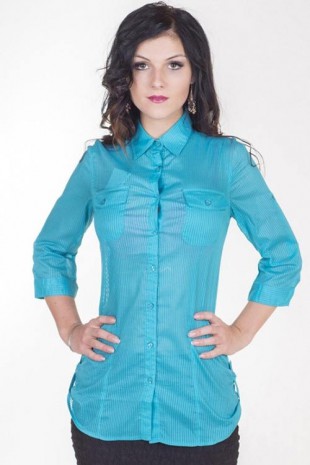 Modrá lehce průsvitná dámská košile s jemným proužkem