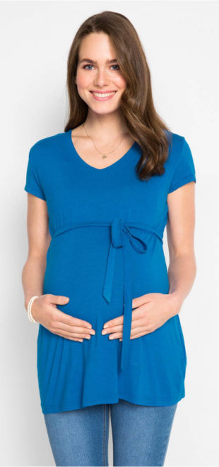 Modré těhotenské šaty se šňůrkou pod prsy