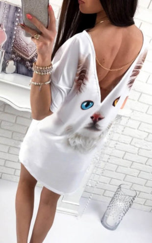 Tričkové mini šaty s motivem kočičky