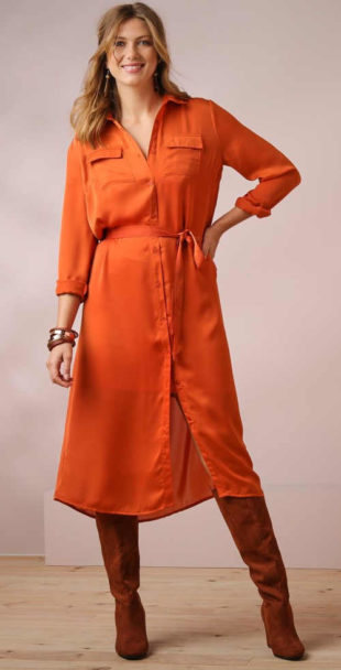 Dlouhá oranžová dámská košile midi délky