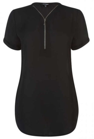 Prodloužené černé dámské tričko s výstřihem na zip