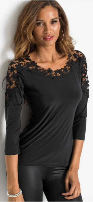 Černé dámské tričko s tříčtvrtečními rukávy a háčkovanou krajkou