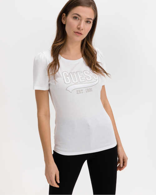 Bílé tričko Guess s krátkými rukávy a ozdobným nápisem