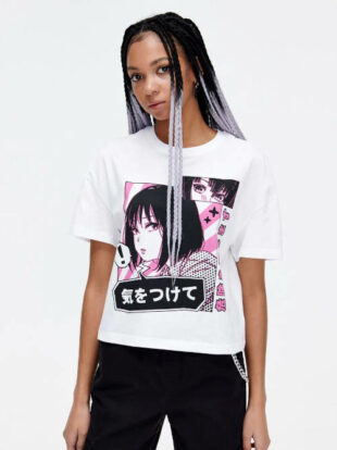 Bavlněné tričko pro mladé s krátkým rukávem a moderním anime potiskem