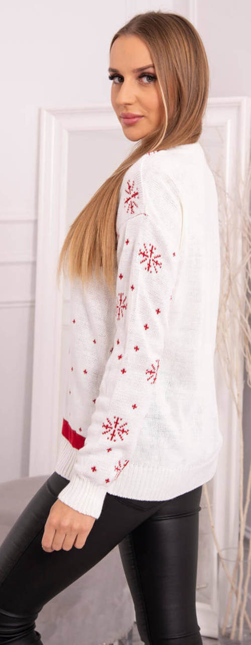 Bílý dámský vánoční svetr s červenými vločkami